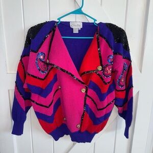 VINTAGE CHRISTINE COLOR BLOCK SWEATER V-NECK GEOMETRIC CHEVRON PULLOVER‎ SIZE L